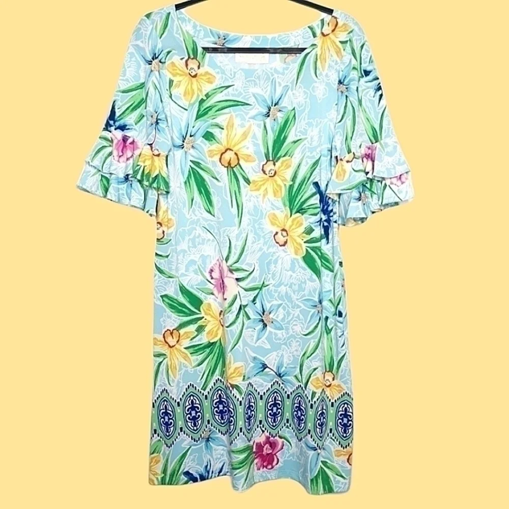 NWT Cappagallo Women’s Medium Erika Ice Blue Floral Dress Tropical Lightweight - Picture 2 of 14